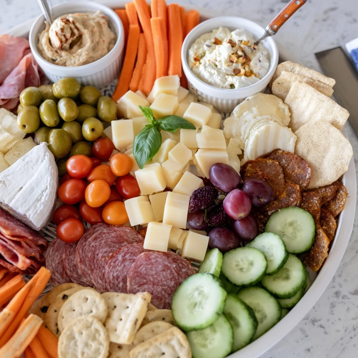 A vibrant Girl Dinner Platter filled with cheeses, fruits, and colorful vegetable sticks.  