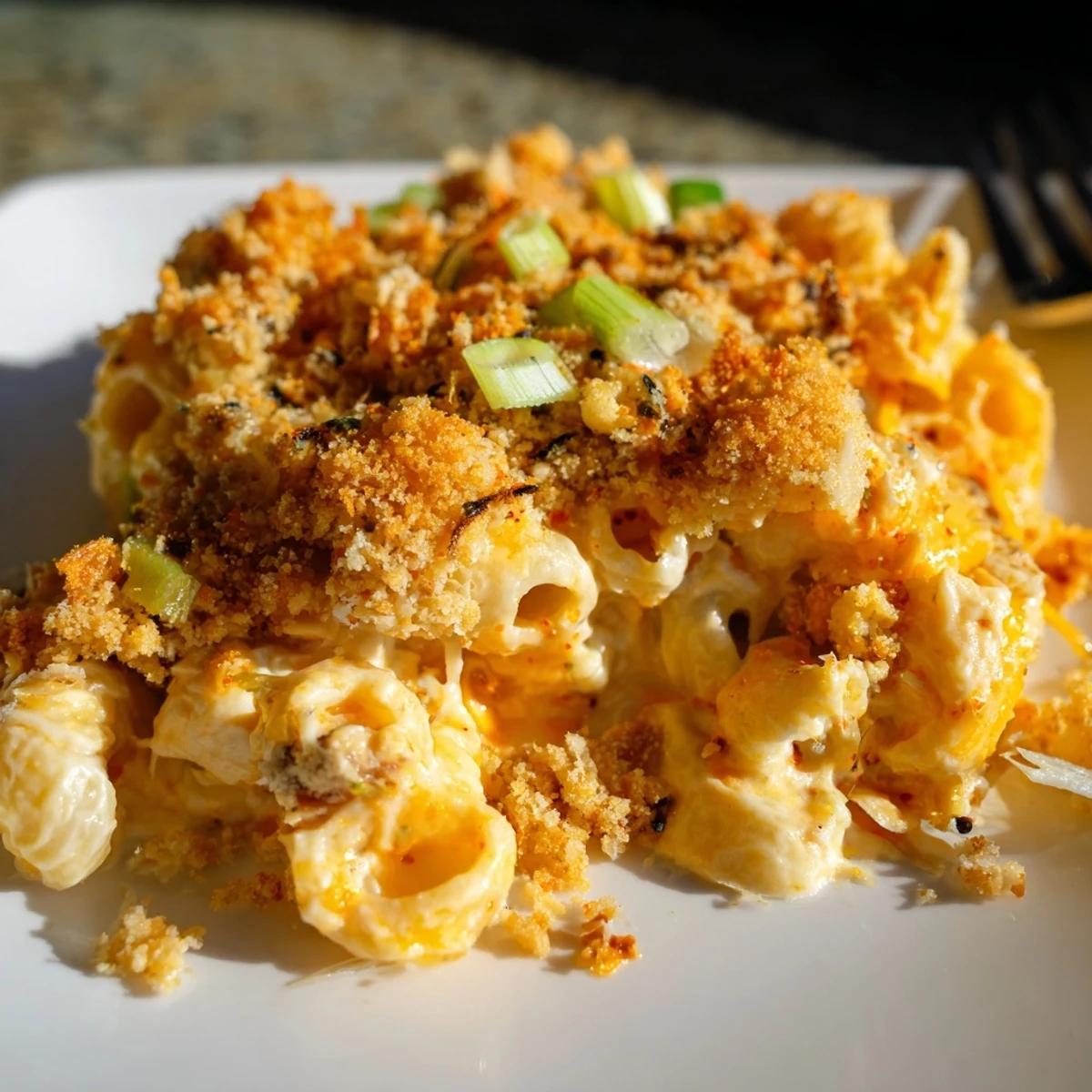 Baked Spicy Kimchi Mac & Cheese, featuring melted cheeses and tangy kimchi flavor.  