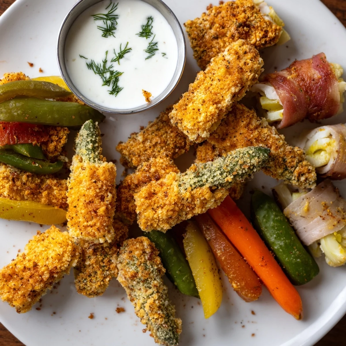 Crispy fried pickles served with tangy ranch dipping sauce for pickle lovers.  