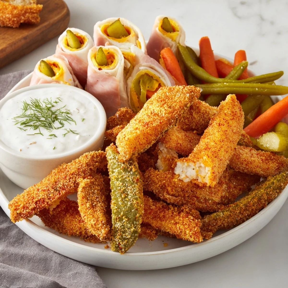 A vibrant platter of fried pickles and assorted pickled vegetables for sharing fun.