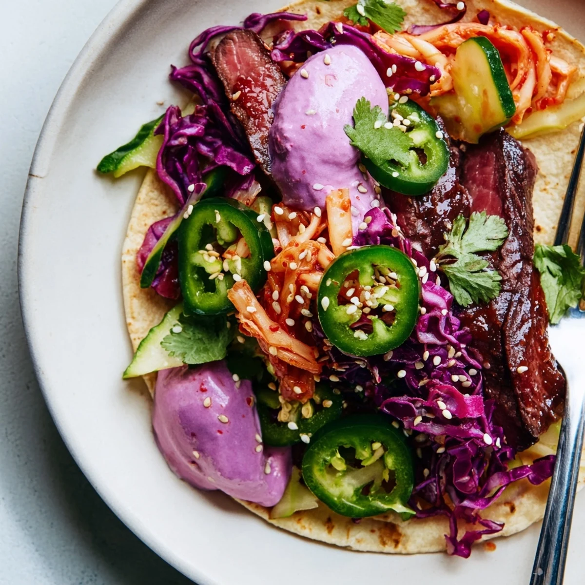 Colorful Global Street-Food Fusion Tacos topped with ube crema and fresh cilantro.  