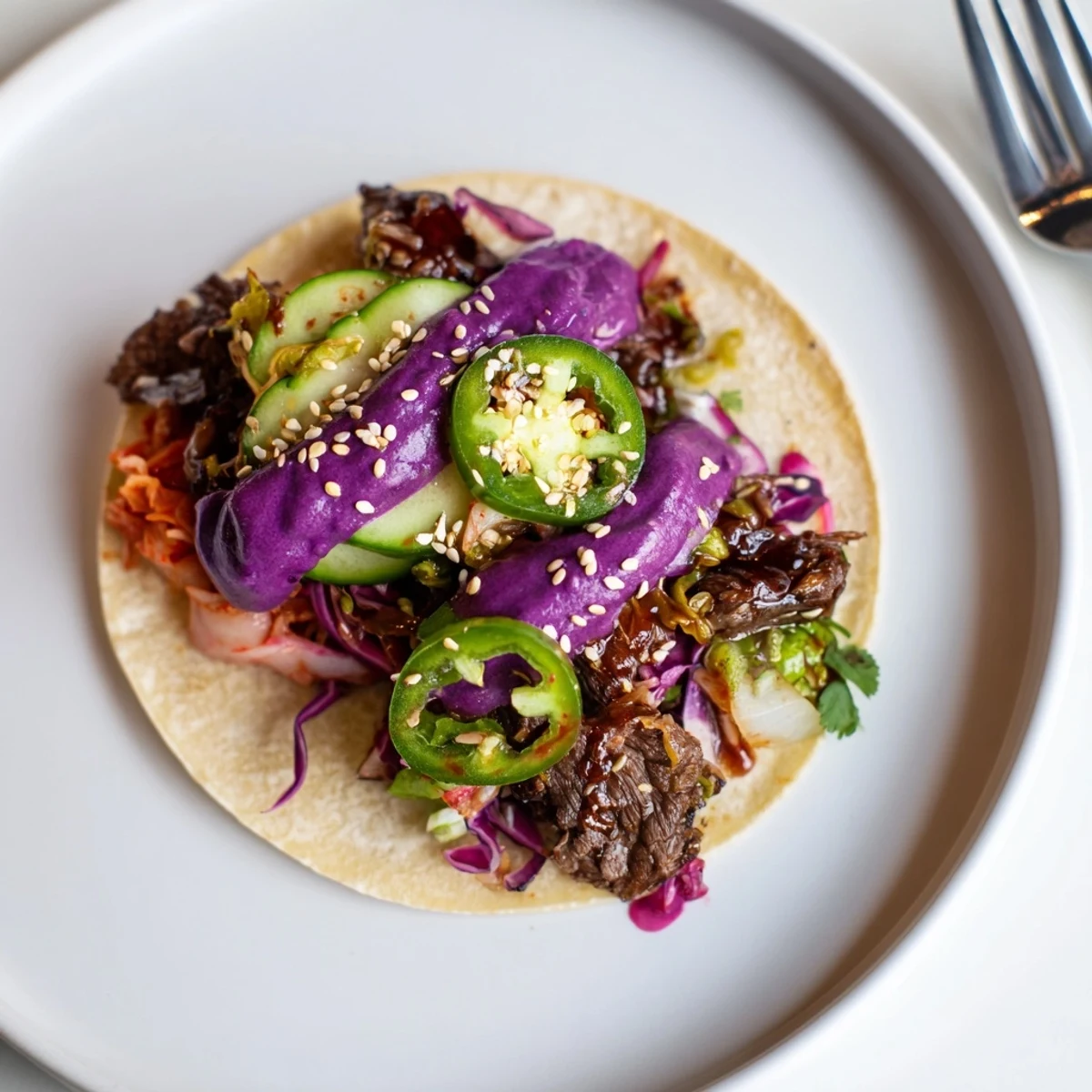 Tender beef sirloin tacos garnished with kimchi, cilantro, and crispy onions.  