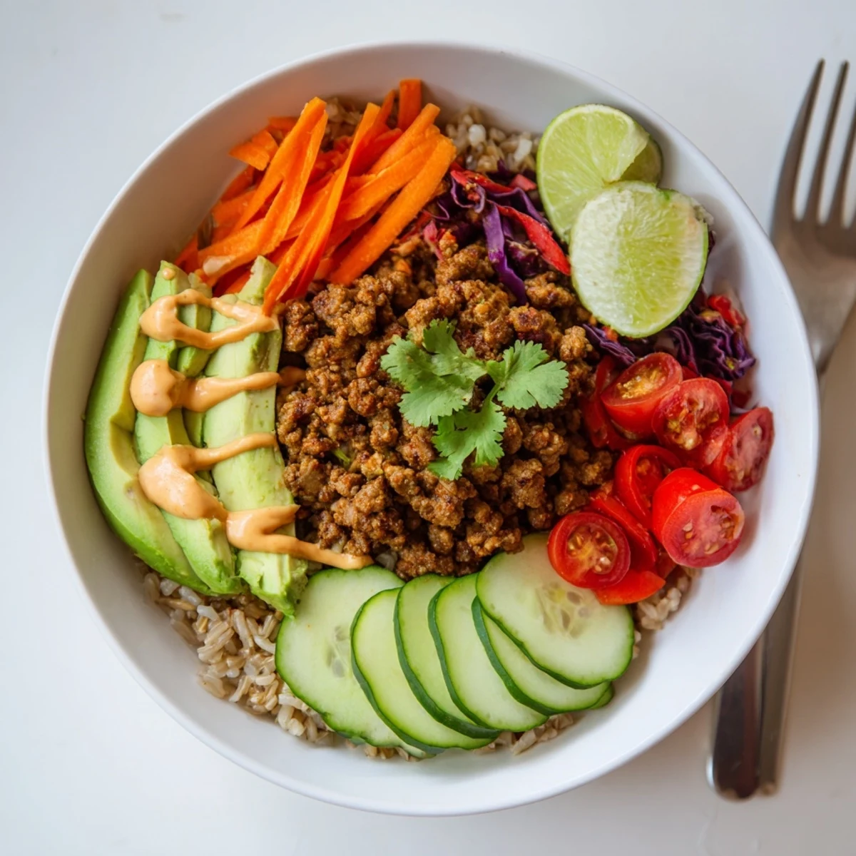 Delicious plant-based meat bowl served with creamy sriracha sauce and vibrant toppings.  
