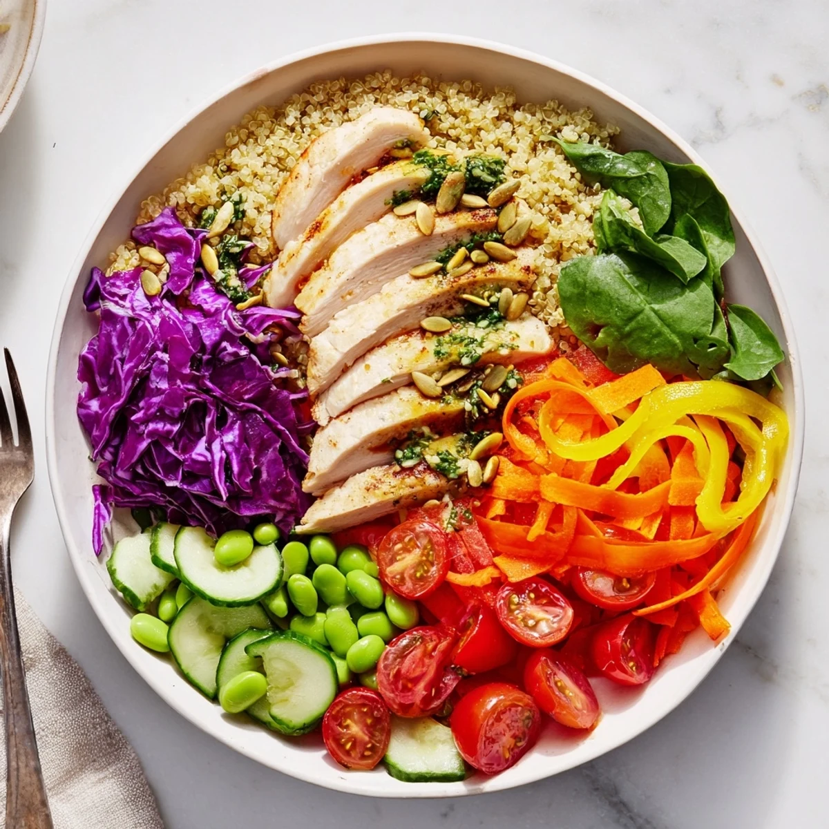 Vibrant Healthy Meal-Prep Bowls showcasing layers of colorful veggies and grilled chicken.  