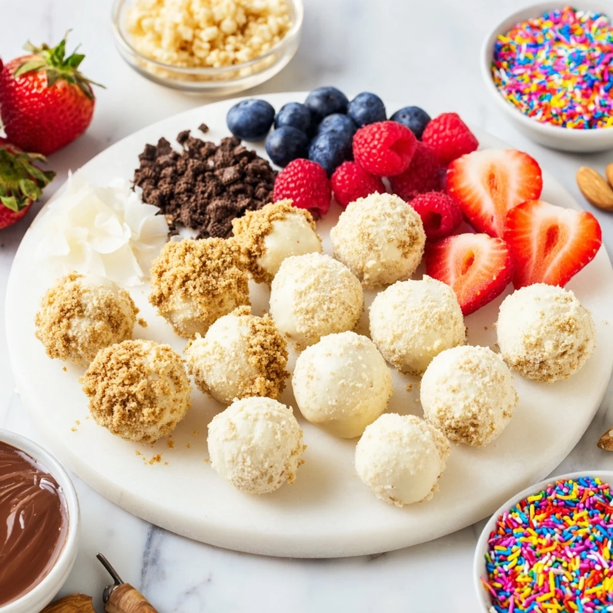 Interactive dessert board with cheesecake bites, drizzles, and vibrant fruit accents.  