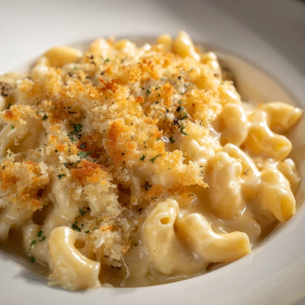 Indulgent truffle macaroni and cheese topped with crunchy panko, perfect for cozy dinners.  