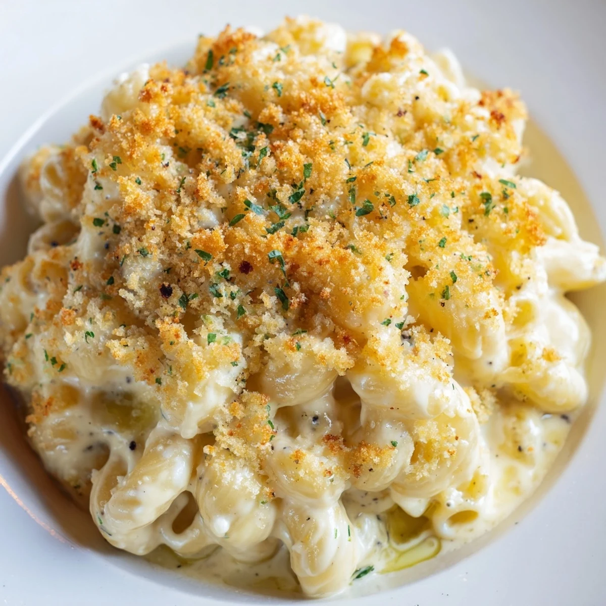 Rich and cheesy truffle macaroni dish, drizzled with truffle oil for extra flavor.