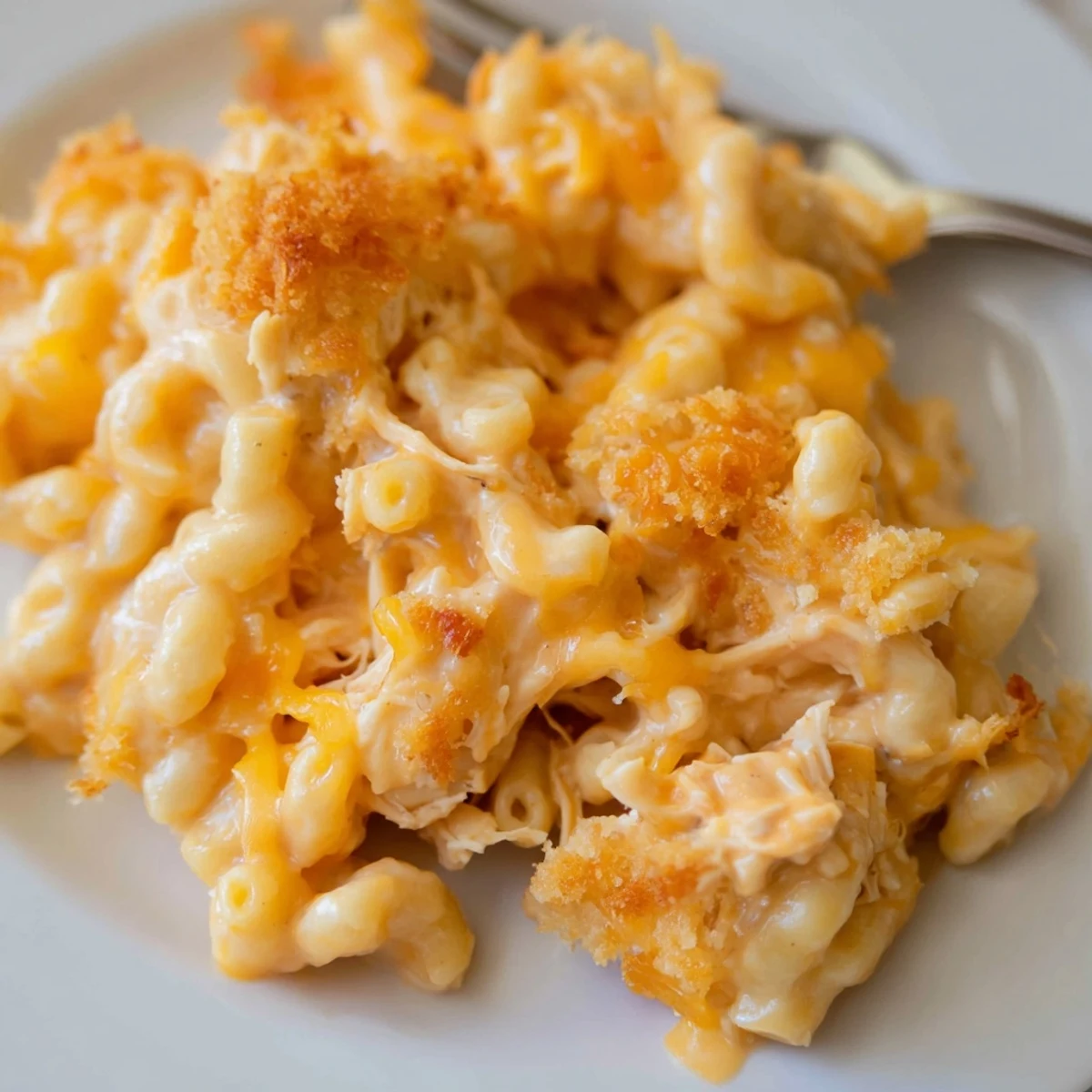 Creamy Classic Mac & Cheese with BBQ Chicken, topped with golden breadcrumbs and melted cheese.  