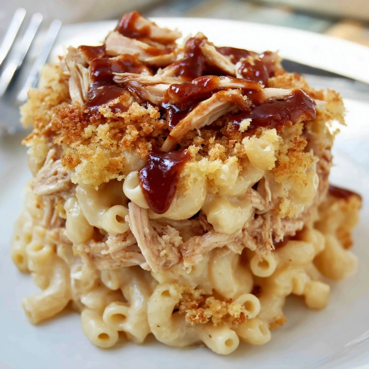 Savory BBQ Chicken enhances Classic Mac & Cheese, creating a comforting baked dish.  