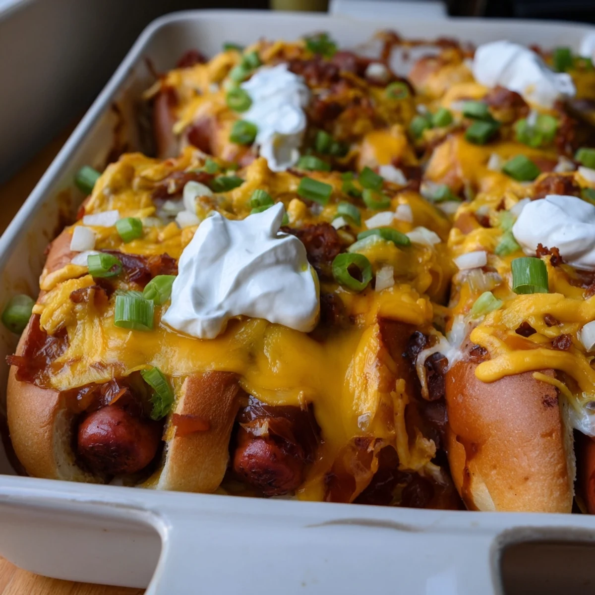 Cheesy Chili Dog Casserole topped with fresh chives, perfect for game day gatherings.  