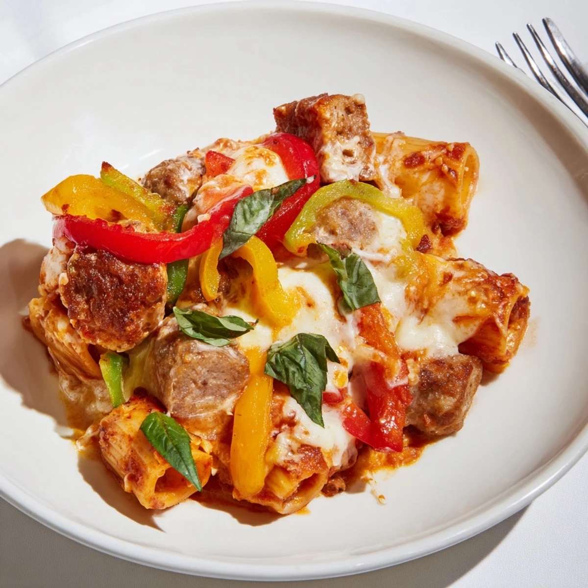 Comforting baked rigatoni with spicy sausage and colorful bell peppers, perfect for sharing.  