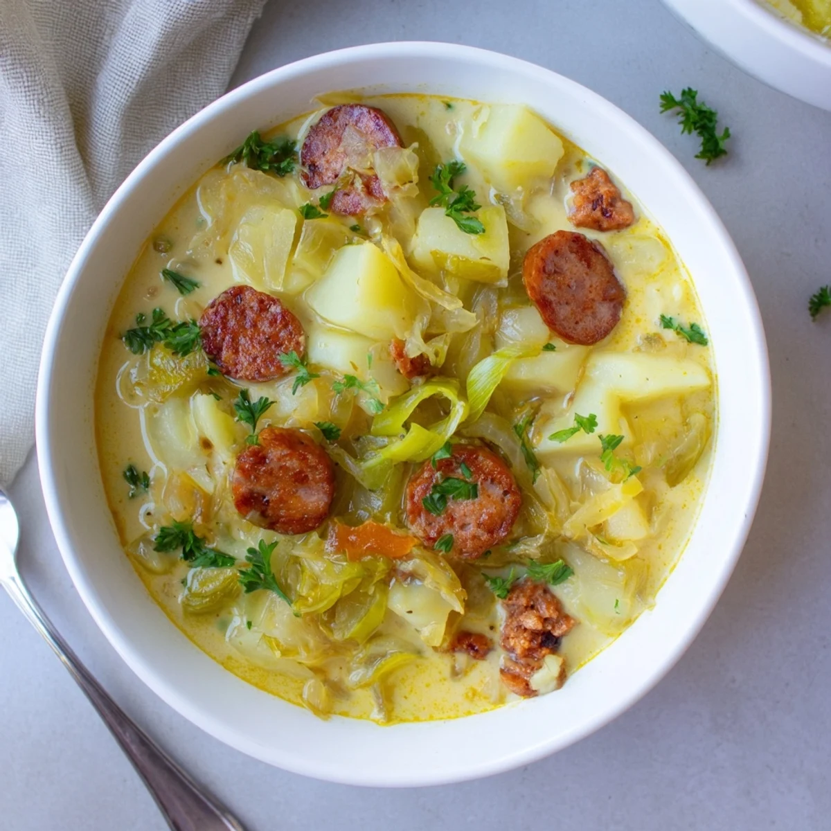 Creamy Potato, Leek & Chorizo Soup Bowl garnished with fresh parsley and crusty bread.