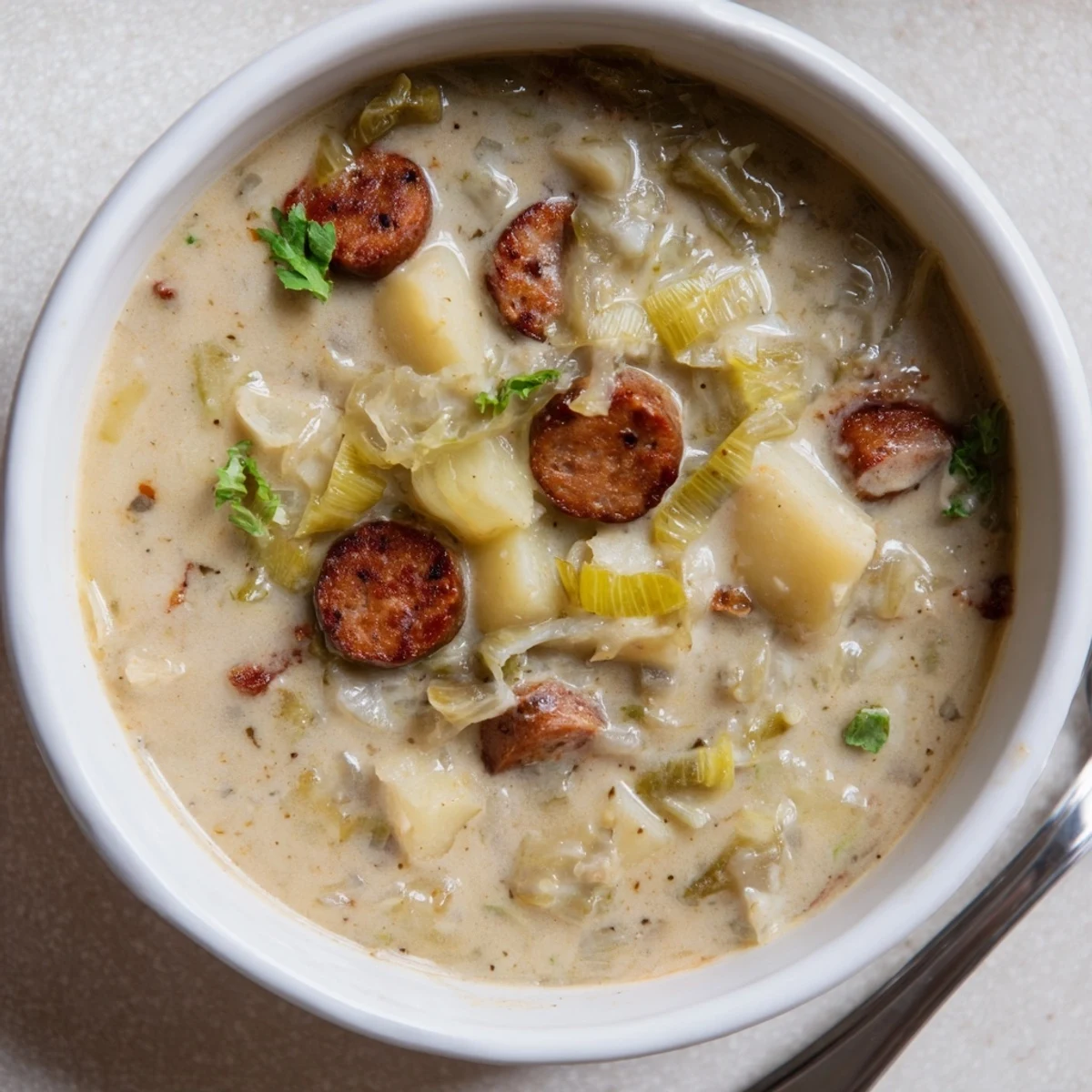 Hearty Potato, Leek & Chorizo Soup Bowl steaming in a rustic kitchen setting.