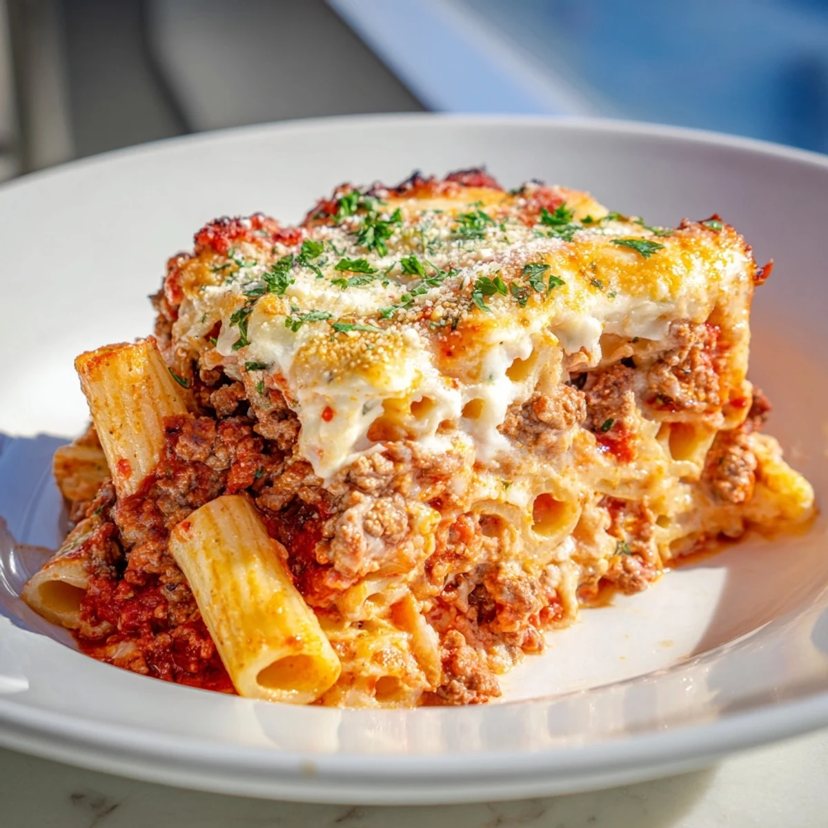 Hearty Baked Ziti with Meat Sauce topped with golden, bubbling mozzarella cheese.