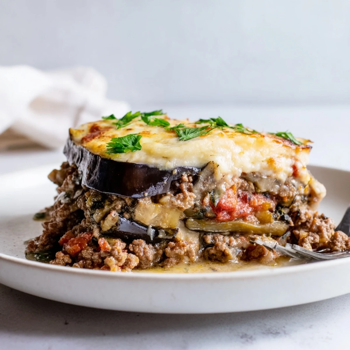 Layers of savory Moussaka with Beef & Eggplant, featuring roasted eggplant and spices.  