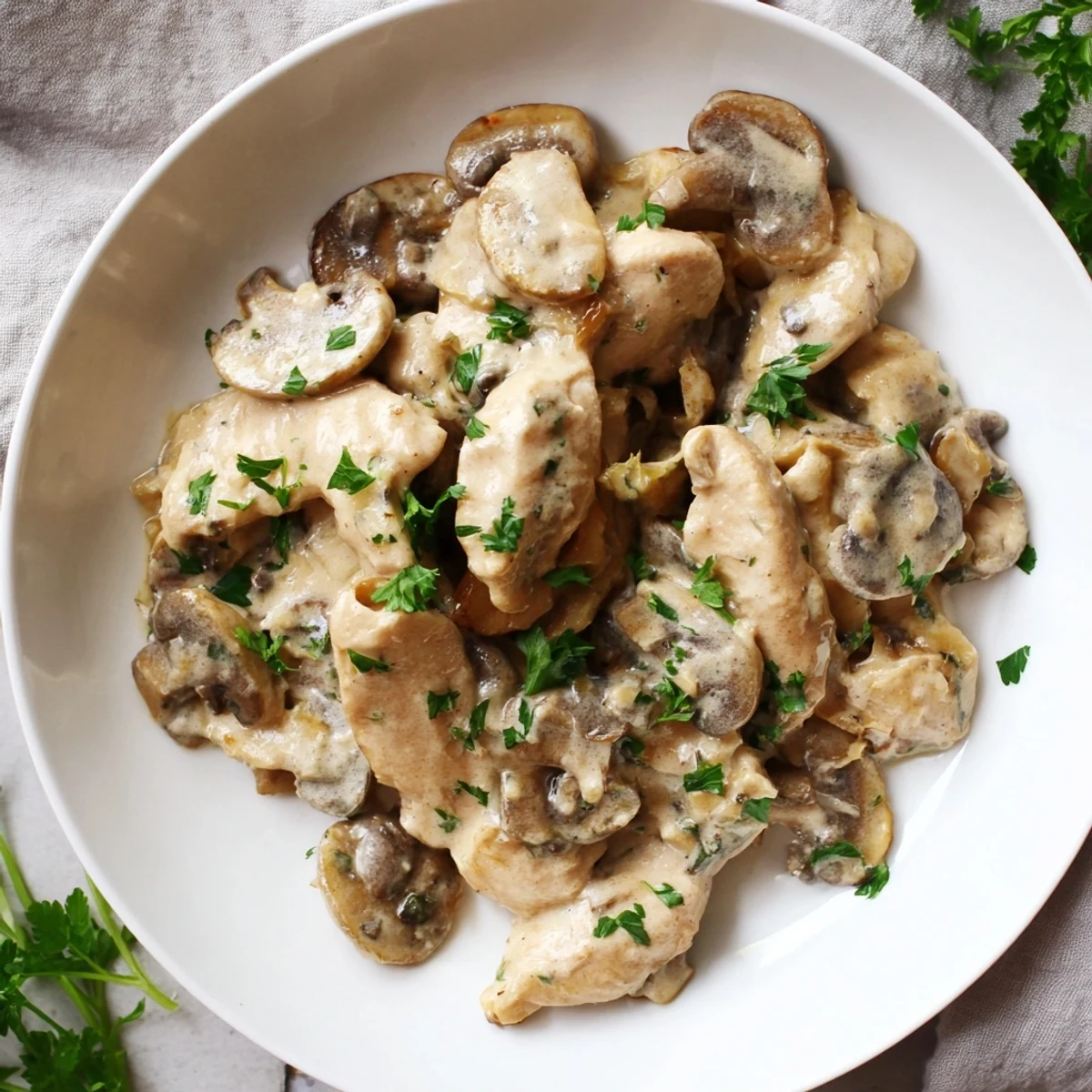 Tender Creamy Chicken Stroganoff with mushrooms, served hot over noodles—a truly savory meal.
