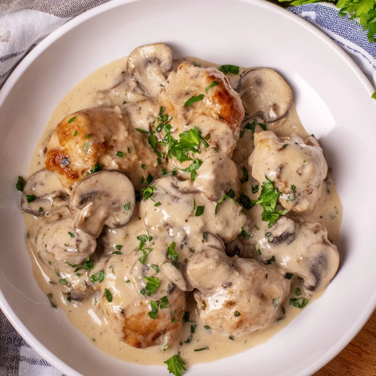 A close-up shot of the rich, creamy sauce coating the juicy Creamy Chicken Stroganoff.