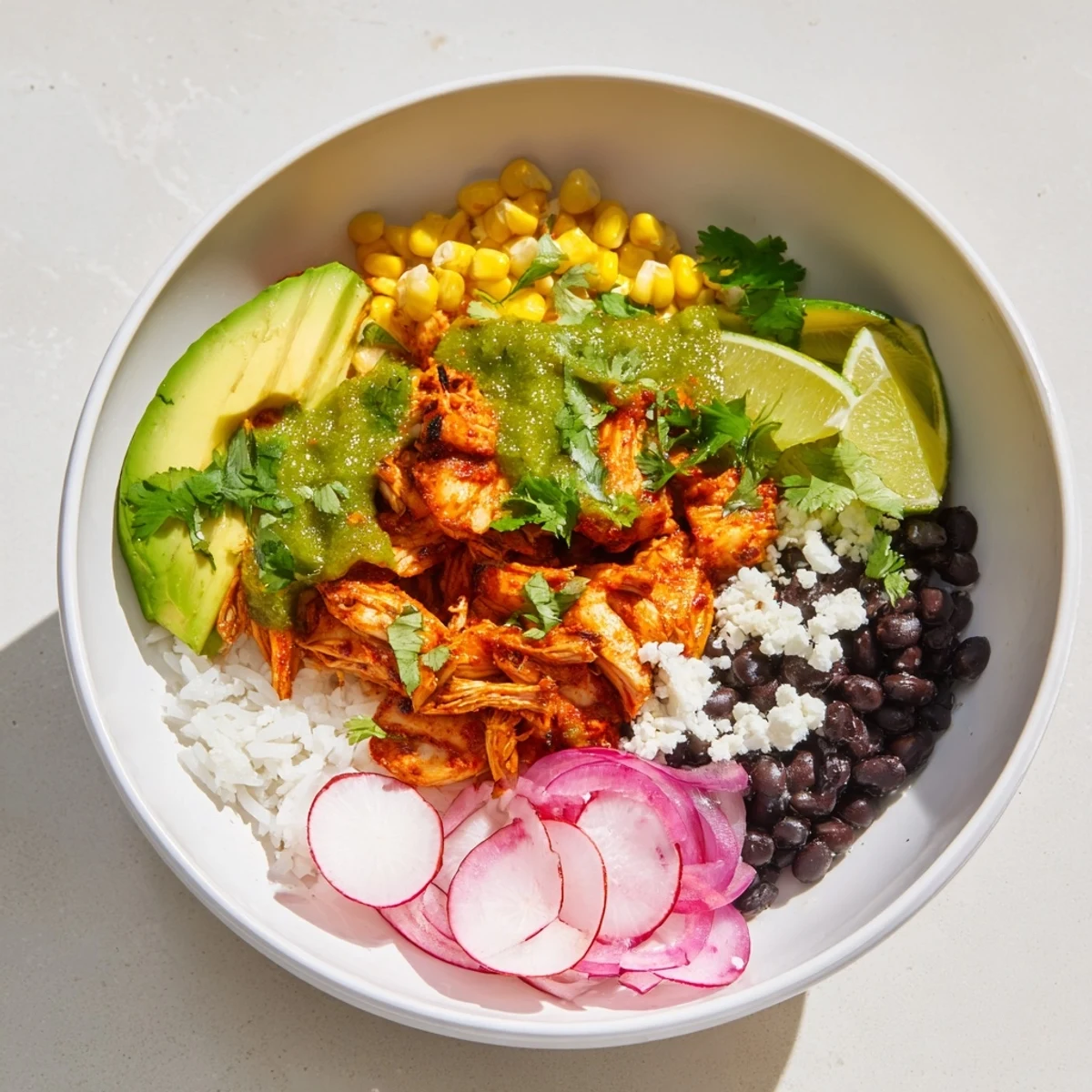 A colorful bowl of Green Enchiladas Rice Bowl brimming with chicken, rice, and fresh toppings.