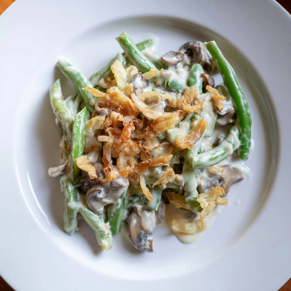 Classic Old-School Green Bean Casserole, bubbling hot, topped with crunchy fried onions and ready to serve.