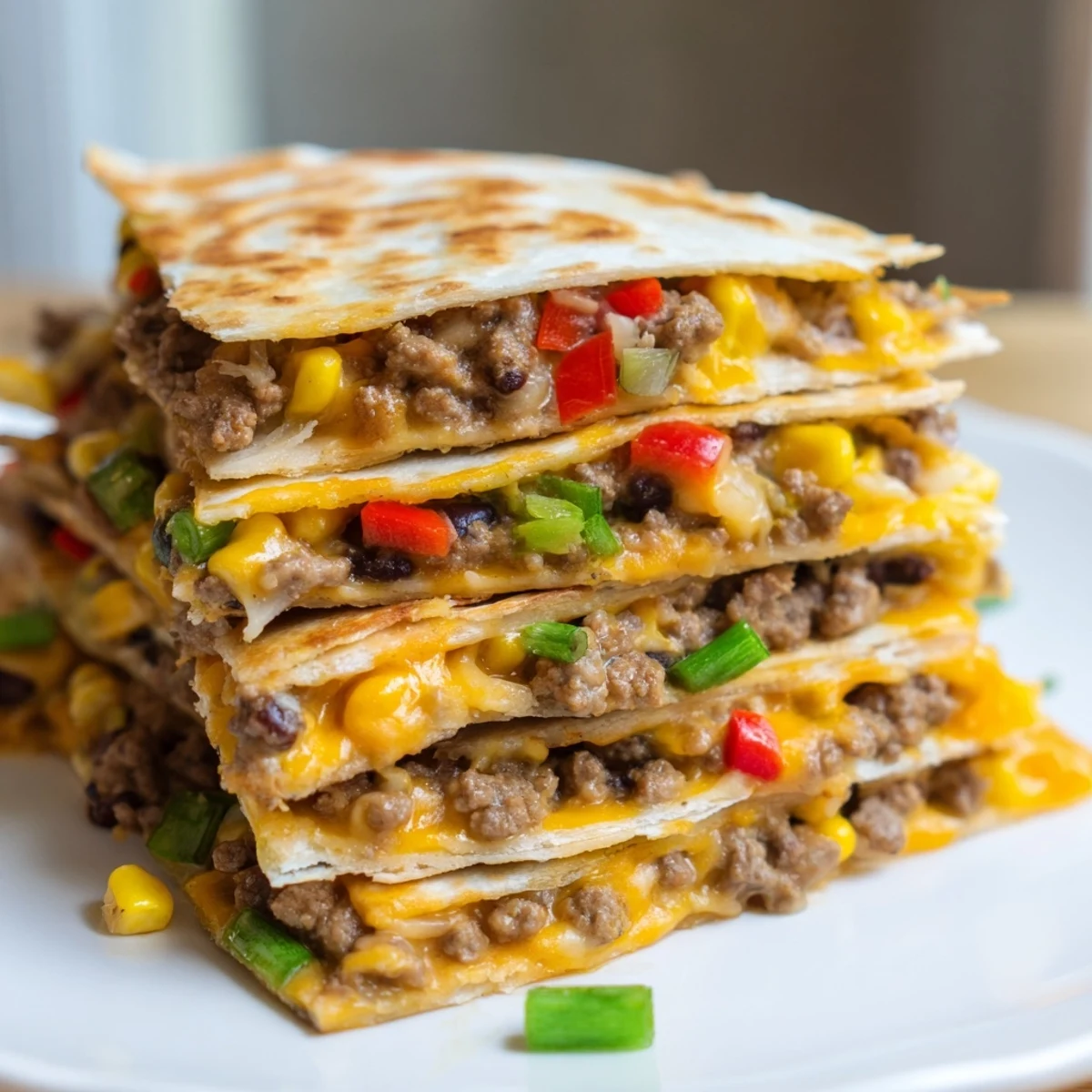A close-up of crispy Sheet Pan Quesadillas with beef, oozing with cheese and colorful veggies.