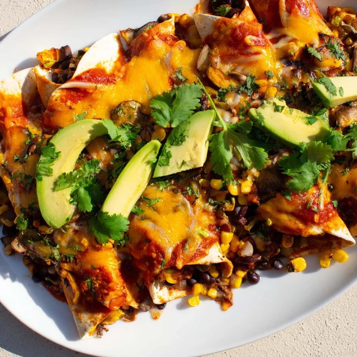Farmers Market Vegetarian Enchiladas bubbling with cheese and vibrant veggies, baked in tangy sauce, ready to serve.