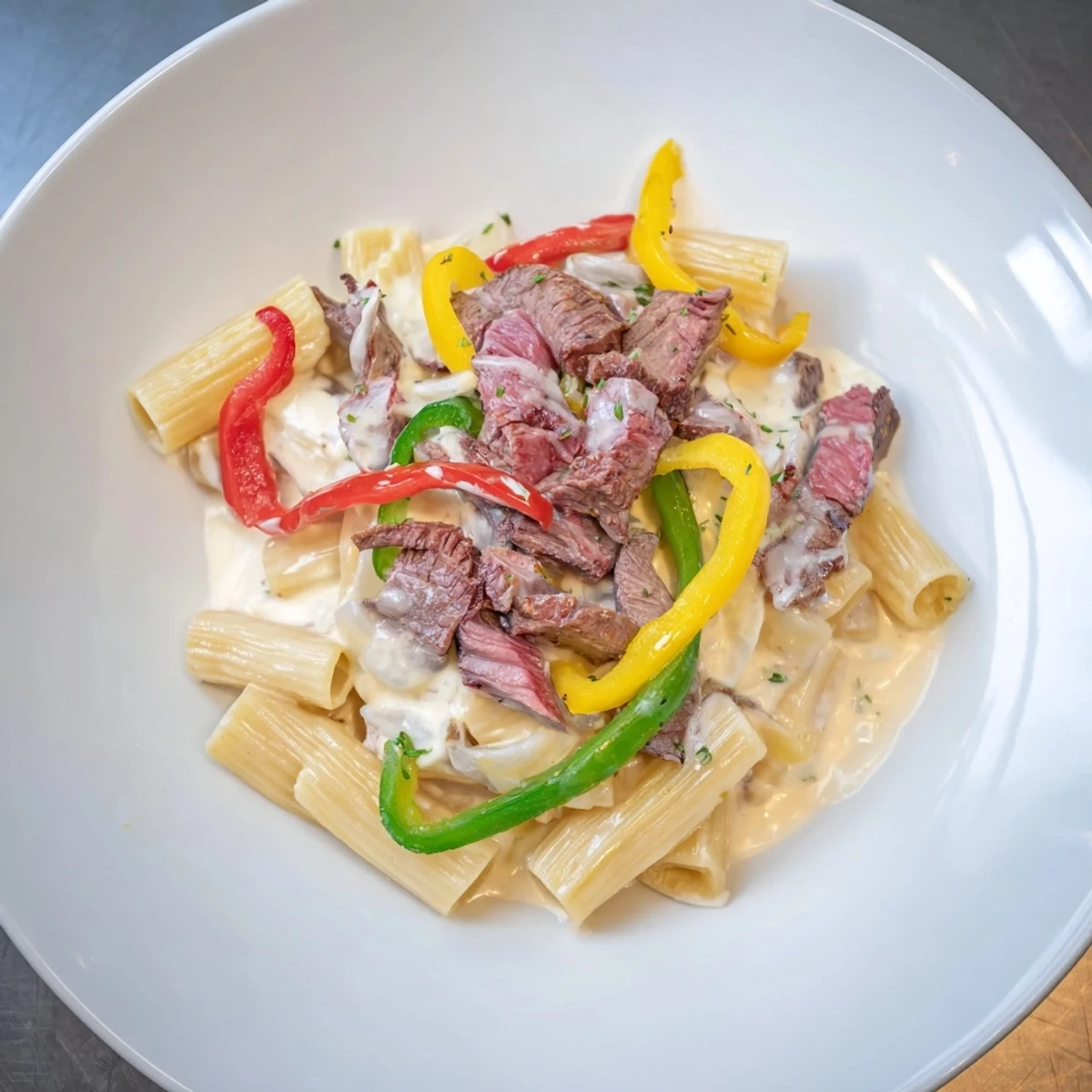 Cheesy Philly Cheese Steak Pasta, a comforting dish ready to serve, with tender pasta and beef.