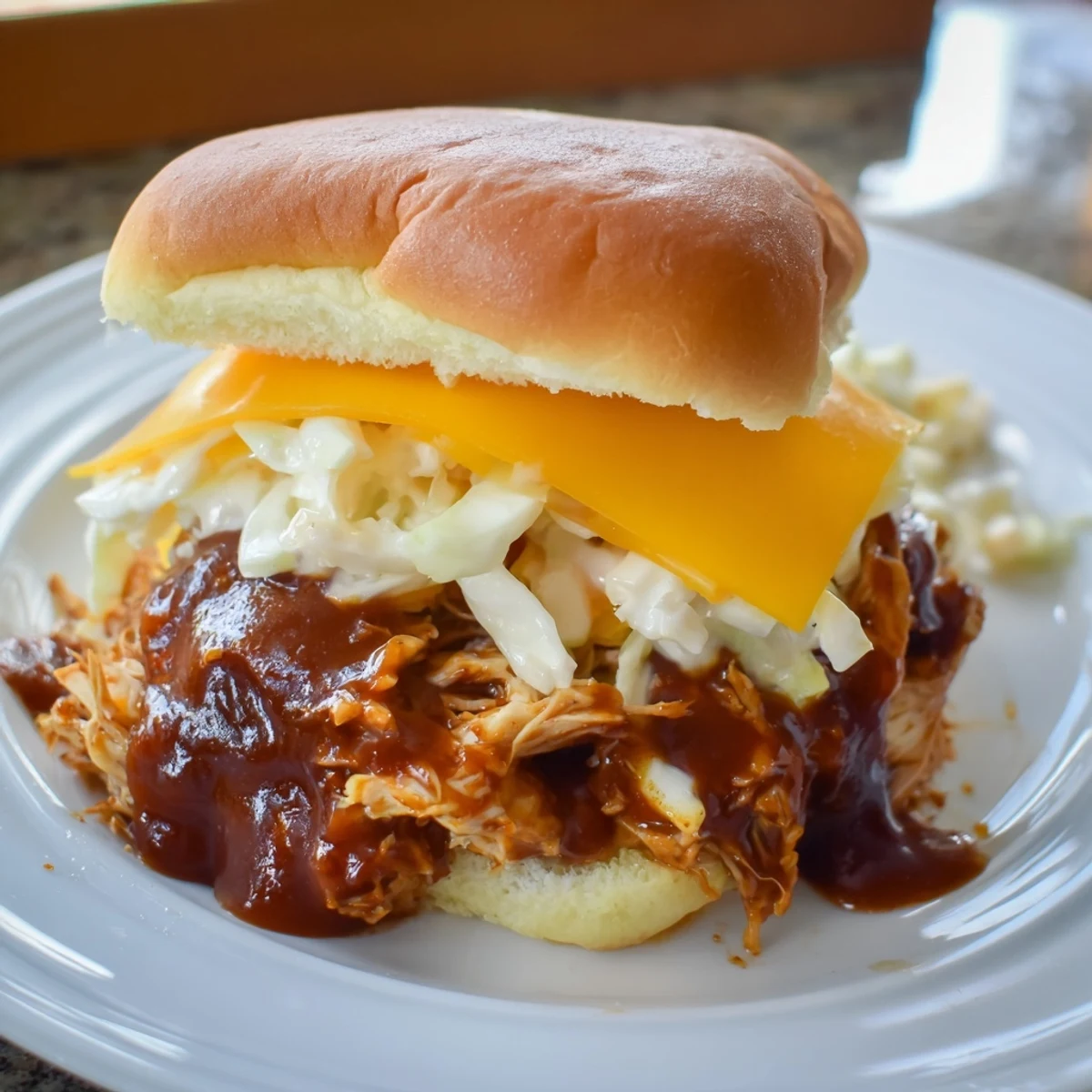 Mouthwatering, close-up of BBQ Chicken Sliders bursting with juicy chicken and coleslaw, plus fresh fries.