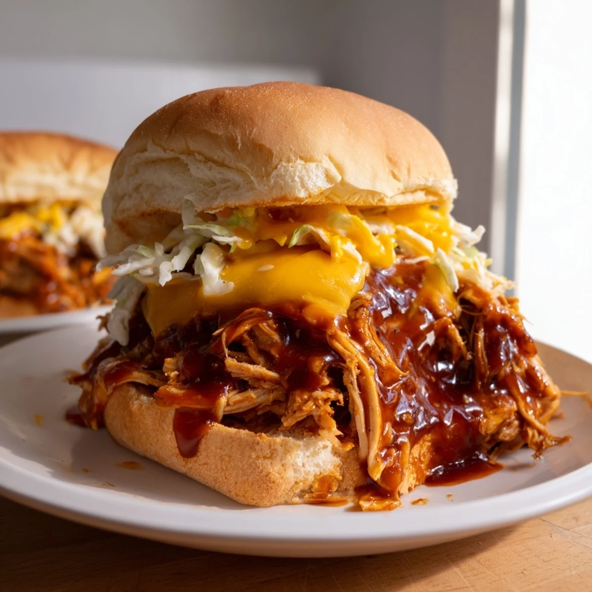 Shredded BBQ Chicken Sliders nestled on toasted buns, alongside a pile of golden, crispy fries.