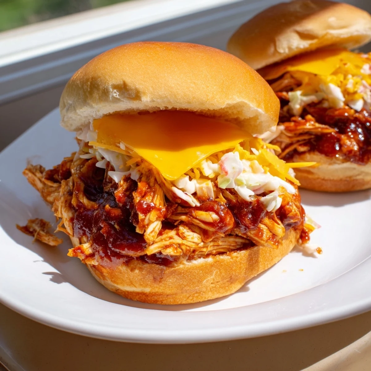 Warm, appetizing plate of BBQ Chicken Sliders; the golden fries are ready to be dipped.