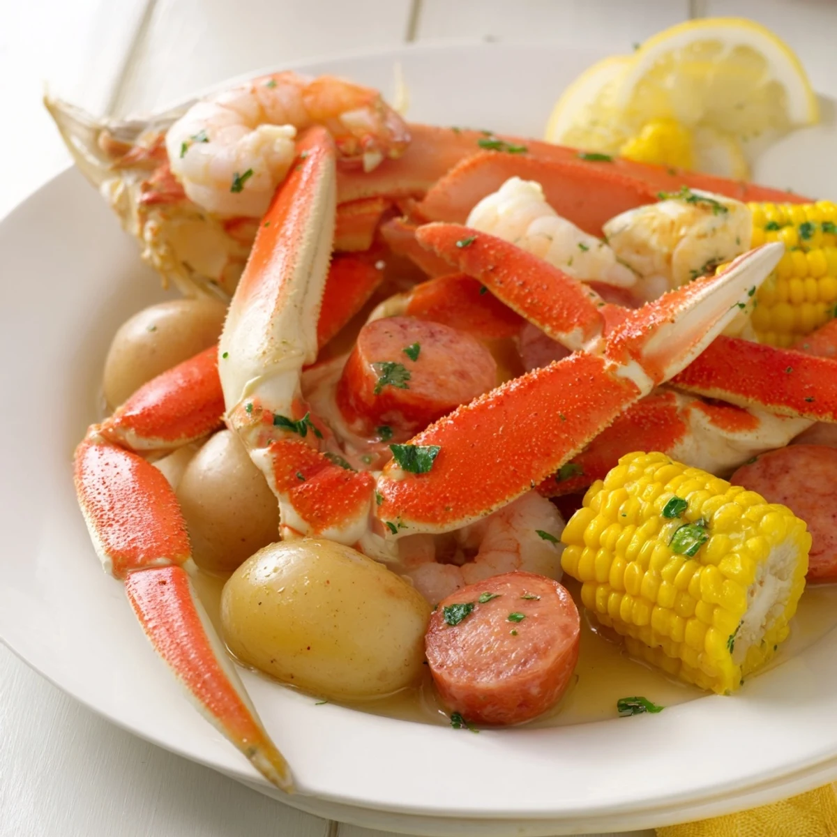 Steaming crab legs, shrimp, and sausage in a flavorful Seafood Boil, ready for sharing on a platter.