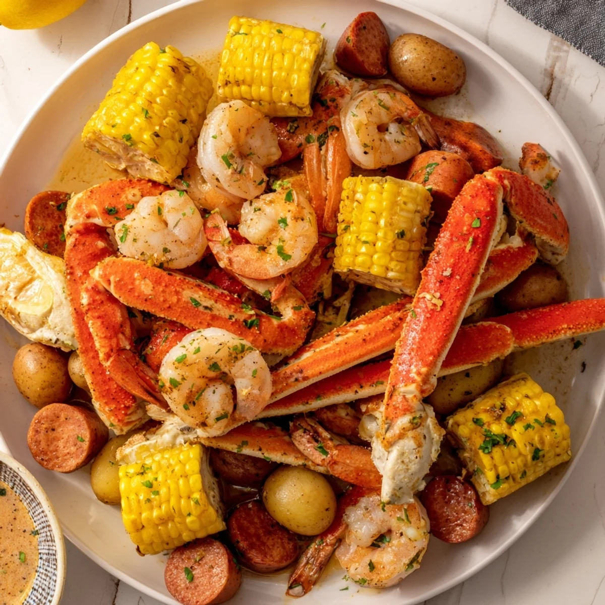 Vibrant image of a Southern Seafood Boil, featuring crab, shrimp, sausage, and corn, beautifully arranged.