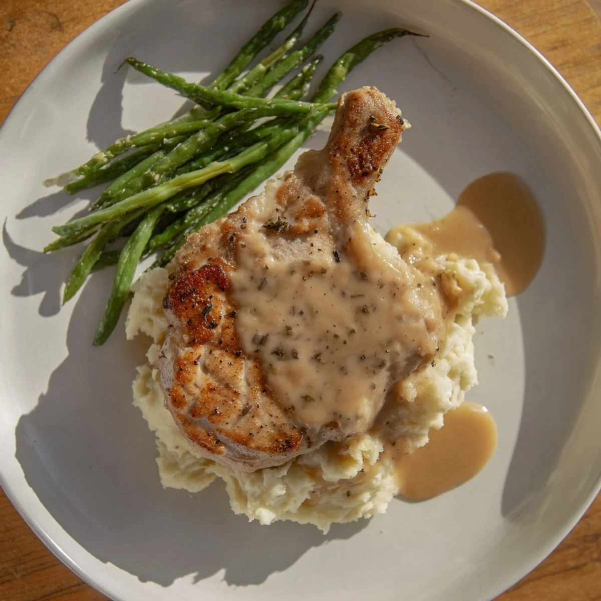 Pork Chops & Cheddar Mash Bowl: A close-up view of juicy pork chops set over creamy mashed potatoes.