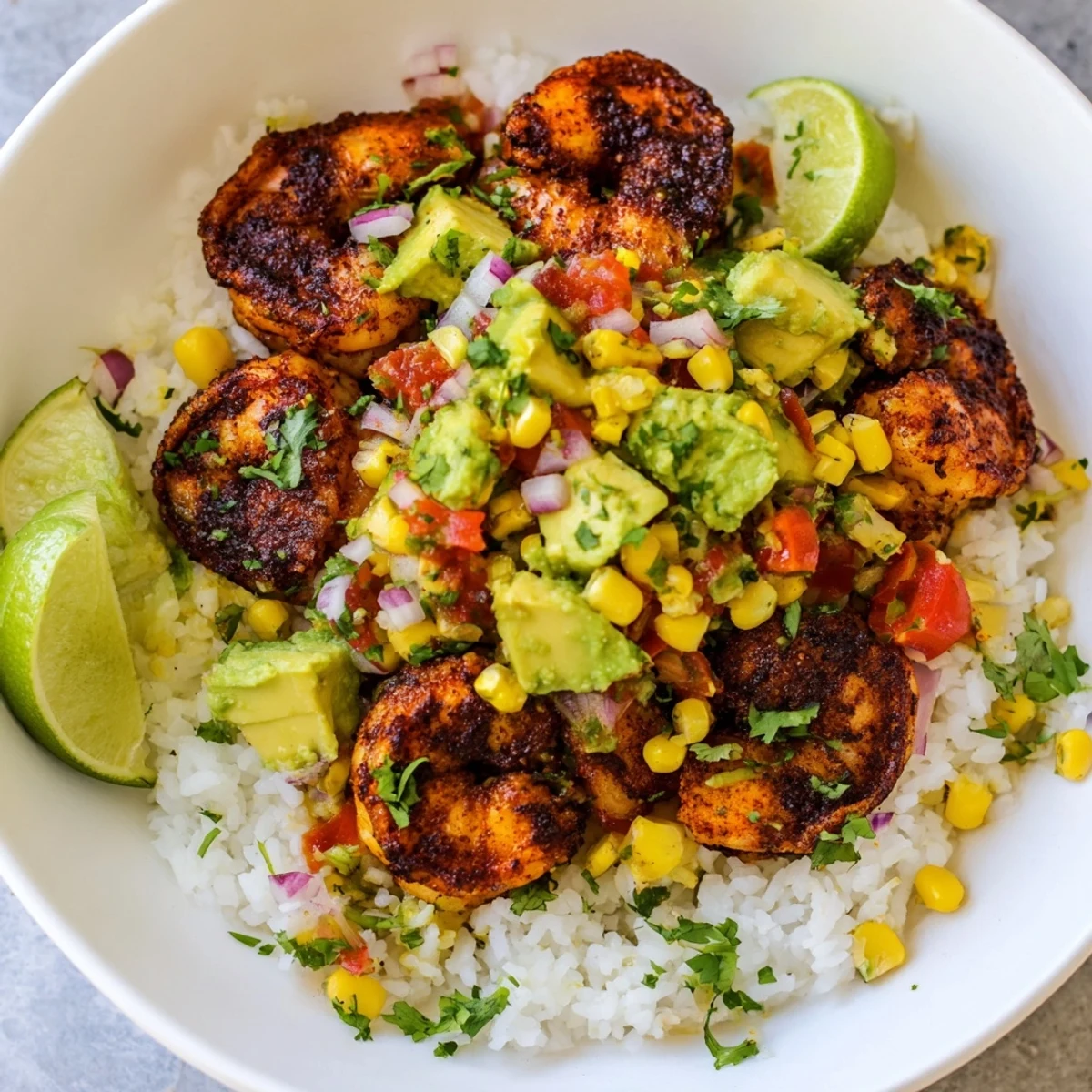 Blackened Shrimp Bowl drizzled with avocado salsa, a Southwestern delight ready to eat.