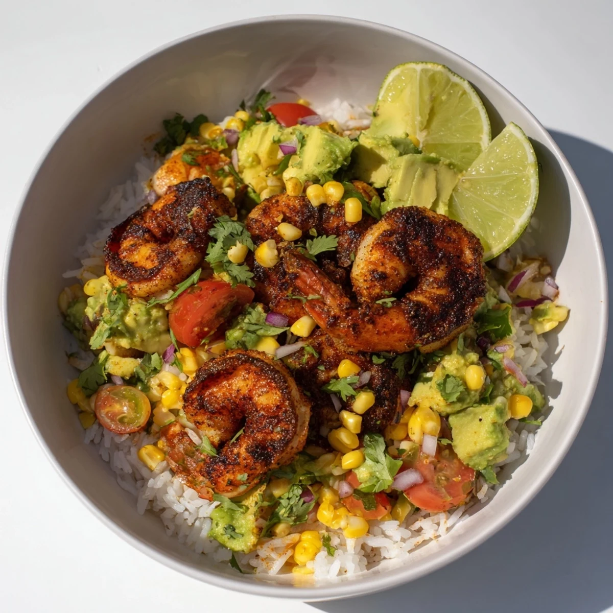 Close-up of a Blackened Shrimp Bowl, showcasing charred shrimp and fresh, colorful ingredients.