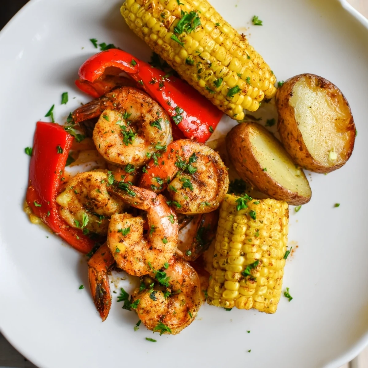 Golden-brown Cajun Shrimp & Sweet Corn Platter, bursting with flavorful shrimp and tender potatoes.