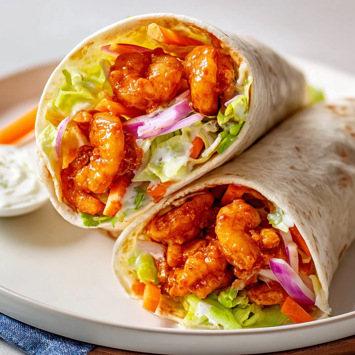 Juicy Buffalo Shrimp Wraps filled with vibrant veggies, creamy dressing, ready to enjoy.