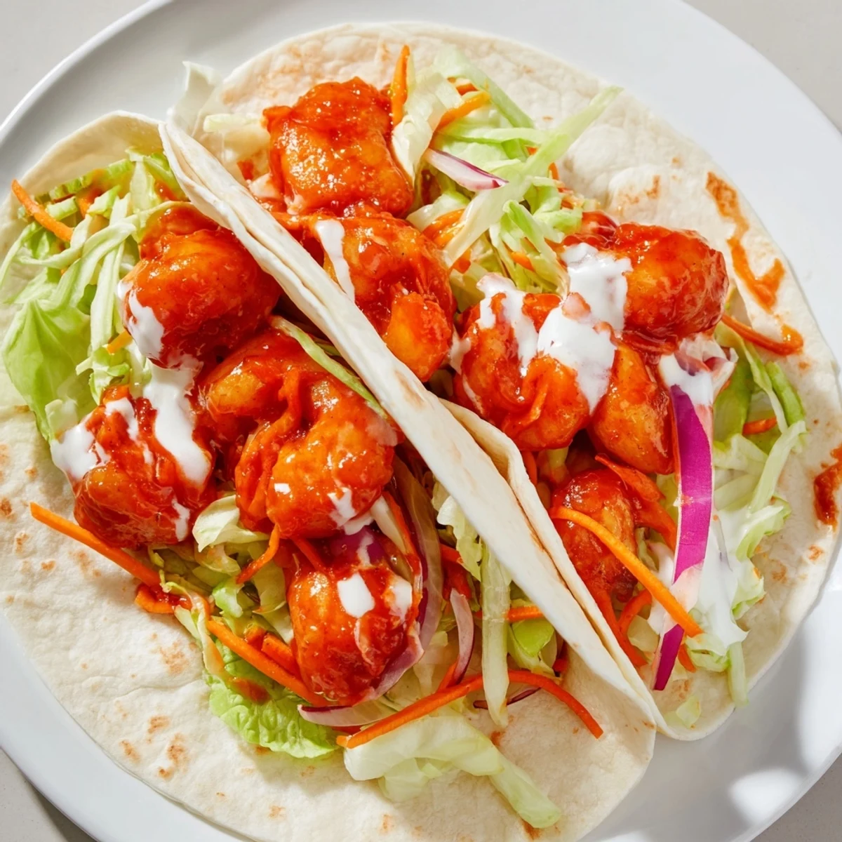 Fresh and delicious: homemade Buffalo Shrimp Wraps presented with crisp lettuce and vegetables.