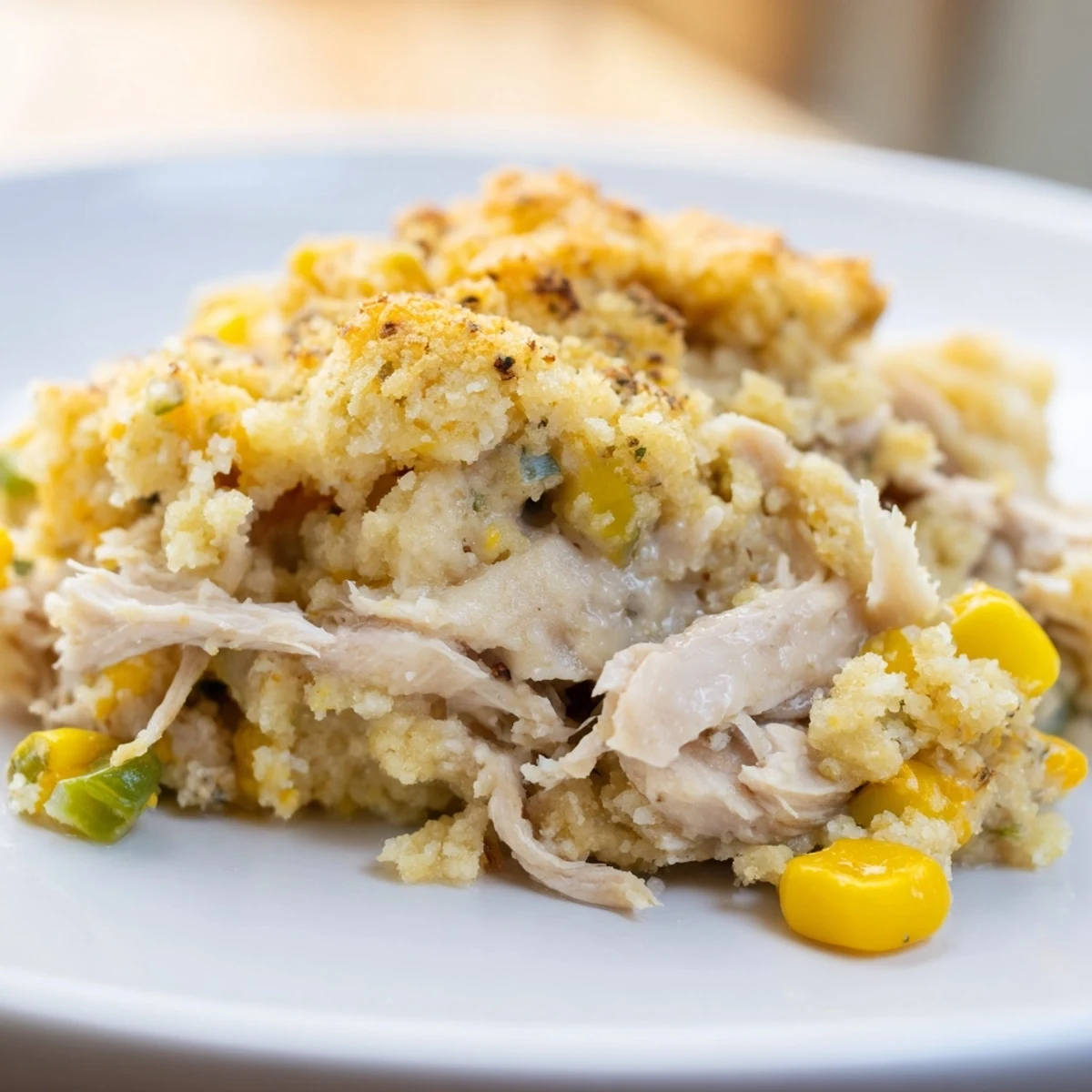 Southern Cornbread Chicken Casserole with a crispy golden cornbread topping and creamy chicken filling.