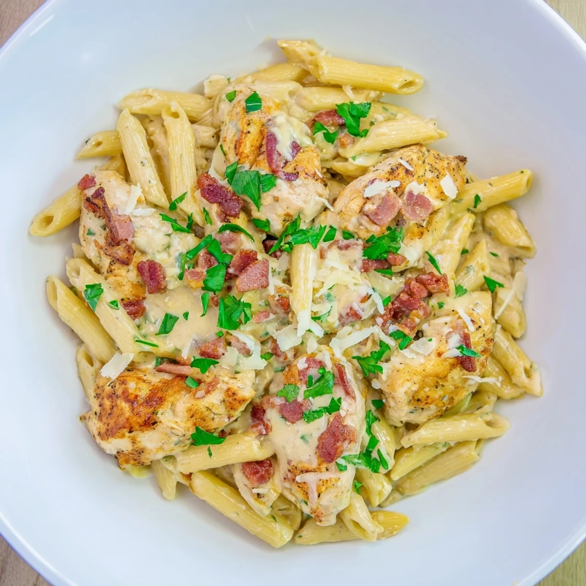 Golden penne pasta coated in rich, creamy sauce - a delicious Ranch Chicken & Bacon Penne meal.