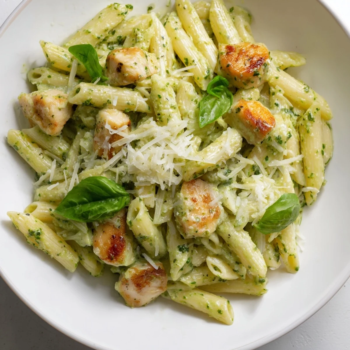 Creamy pesto penne & chicken: A comforting plate showcasing chicken and pasta bathed in pesto cream sauce.