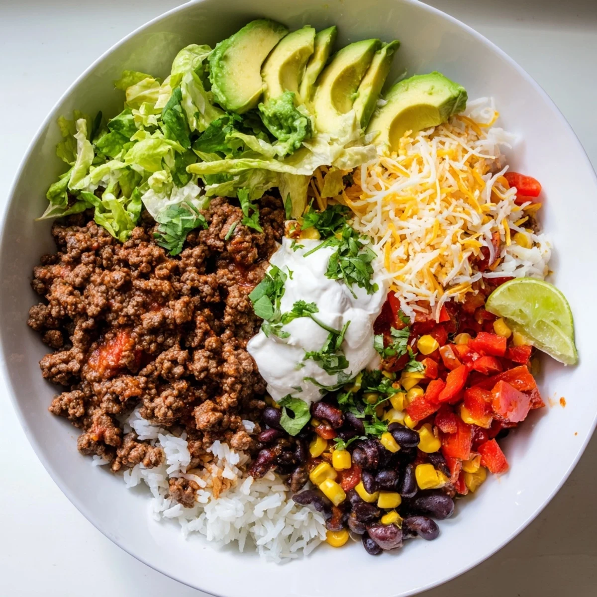 A generous Loaded Beef Burrito Bowl, filled with colorful layers and creamy toppings, looks delicious on the plate.