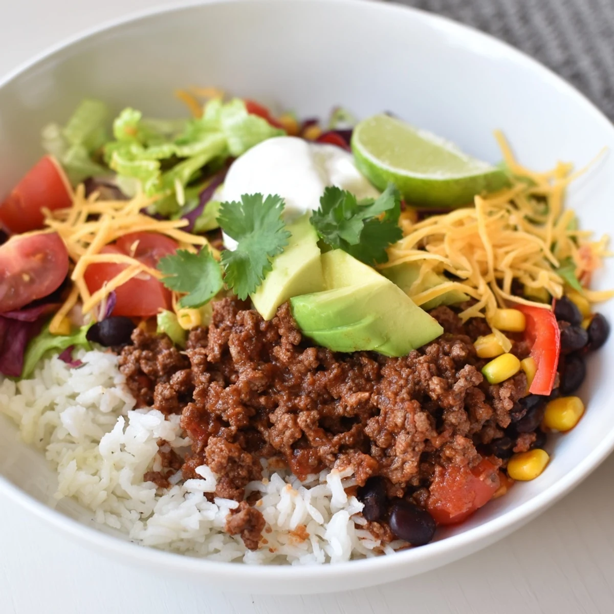 This Loaded Beef Burrito Bowl showcases savory ground beef and fresh ingredients, piled high with cheese and avocado.