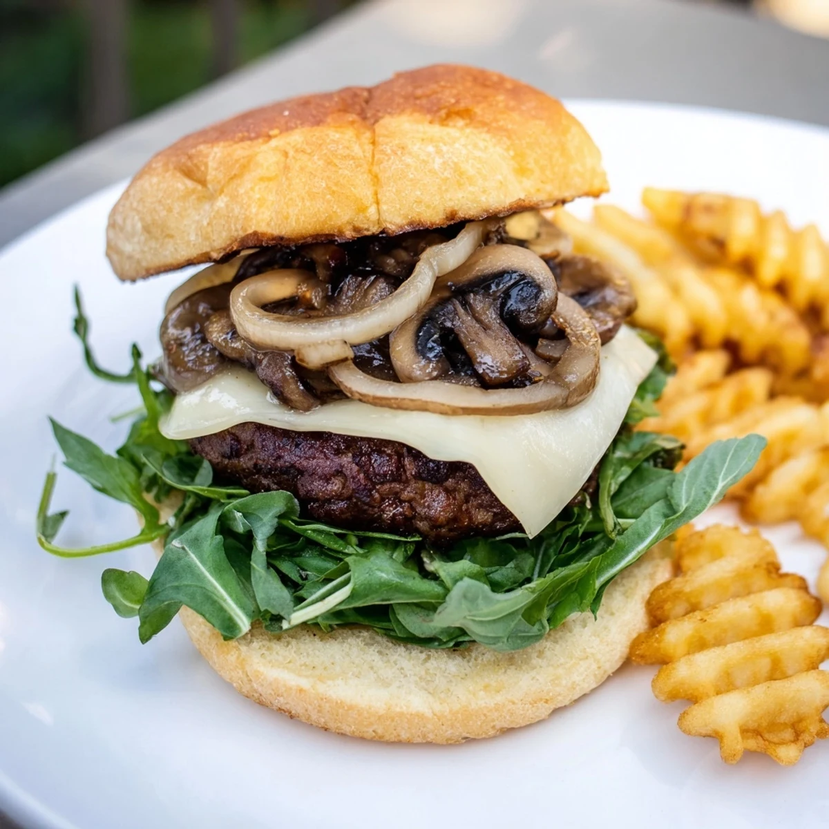A close-up of a juicy Mushroom Swiss Burger with melted cheese beside crispy waffle fries.