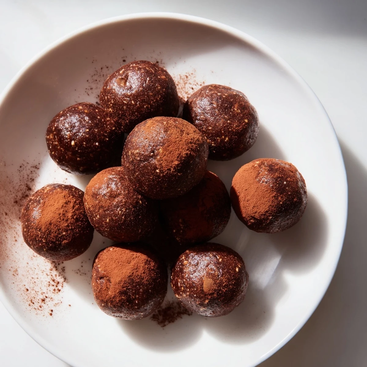 Date & Walnut Truffles, rolled in cocoa, ready to serve as a delicious and healthy dessert.