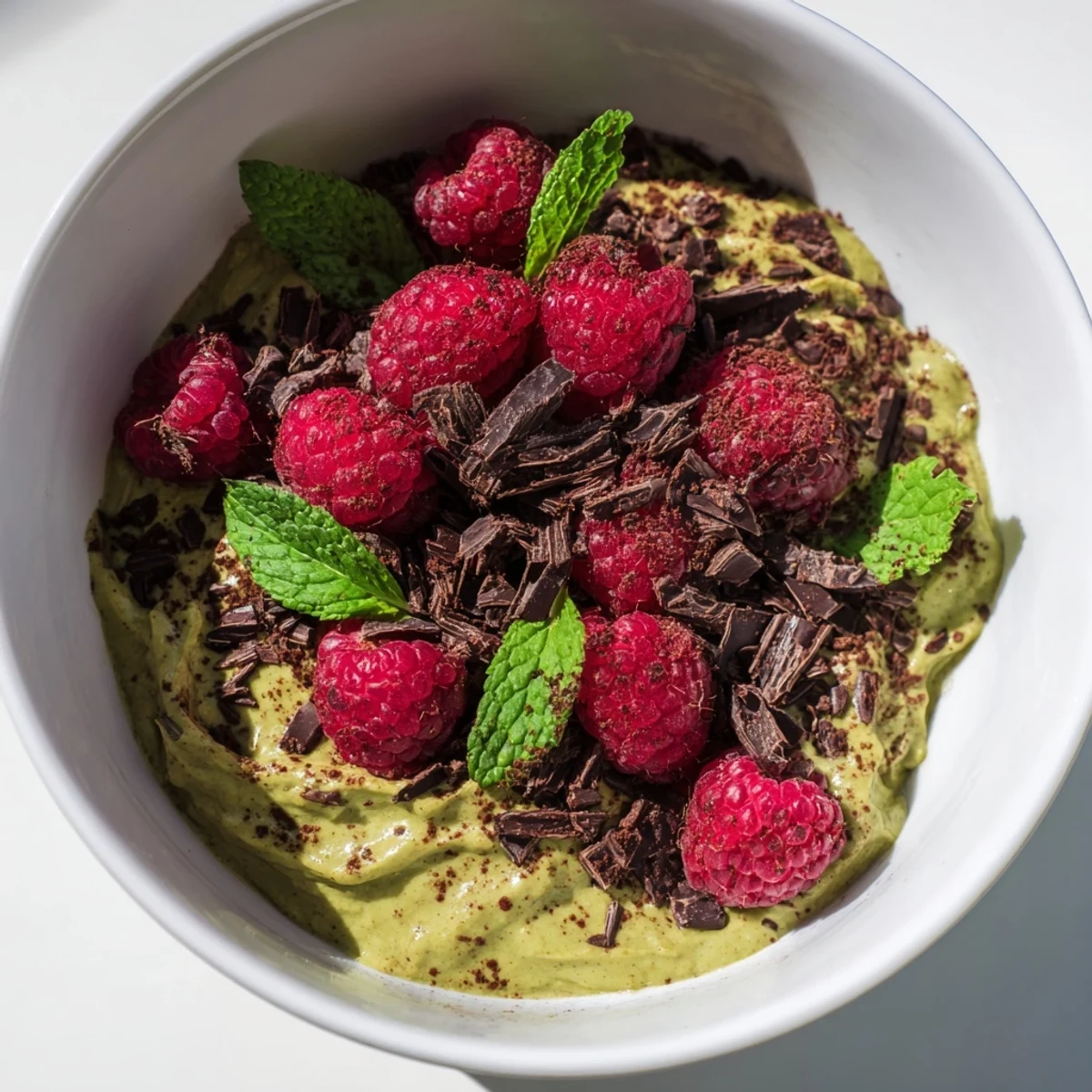 Creamy avocado chocolate mousse topped with vibrant fresh raspberries, a delicious dessert.