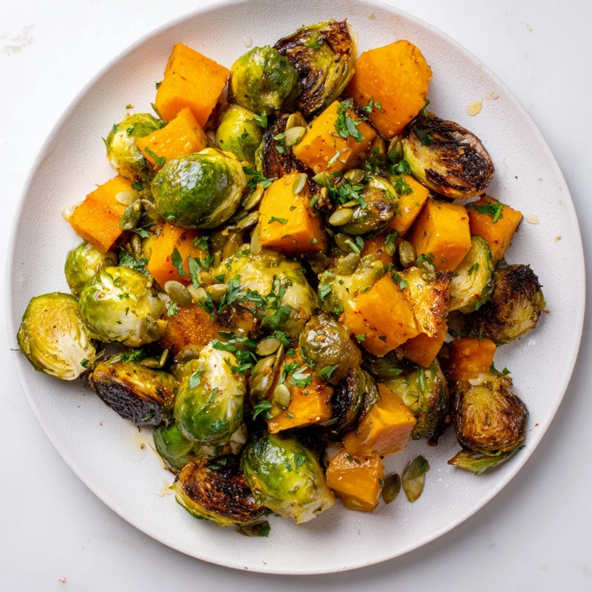 Vibrant image of Roasted Brussels Sprouts & Butternut Squash, drizzled in citrusy dressing, for a great side.