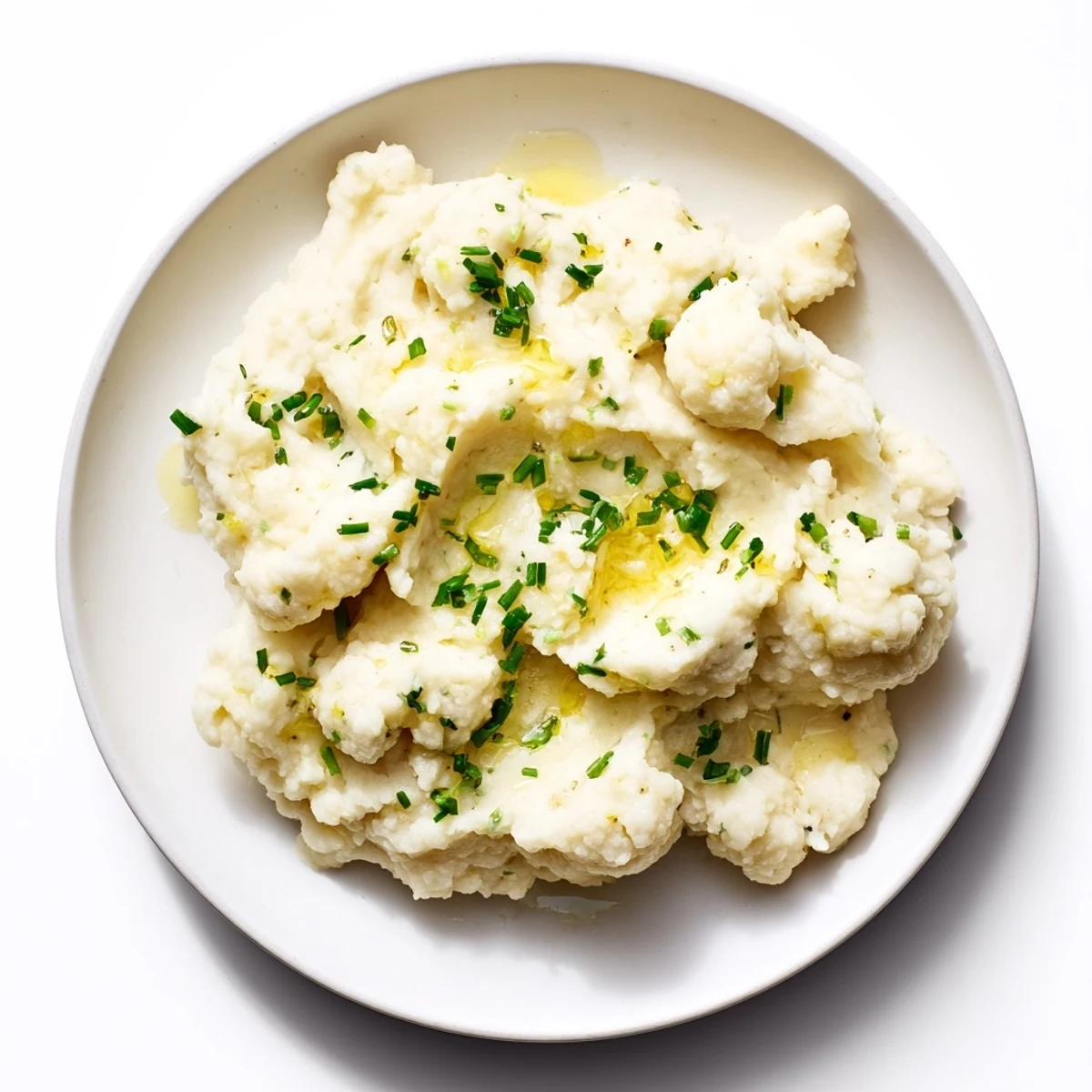 Creamy cauliflower mash with garlic and herbs, a vibrant, savory vegetarian side dish.