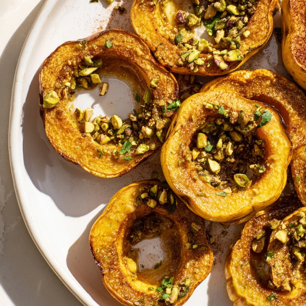 Golden Baked Delicata Squash Rings, glistening with maple syrup, and topped with crunchy pistachios.
