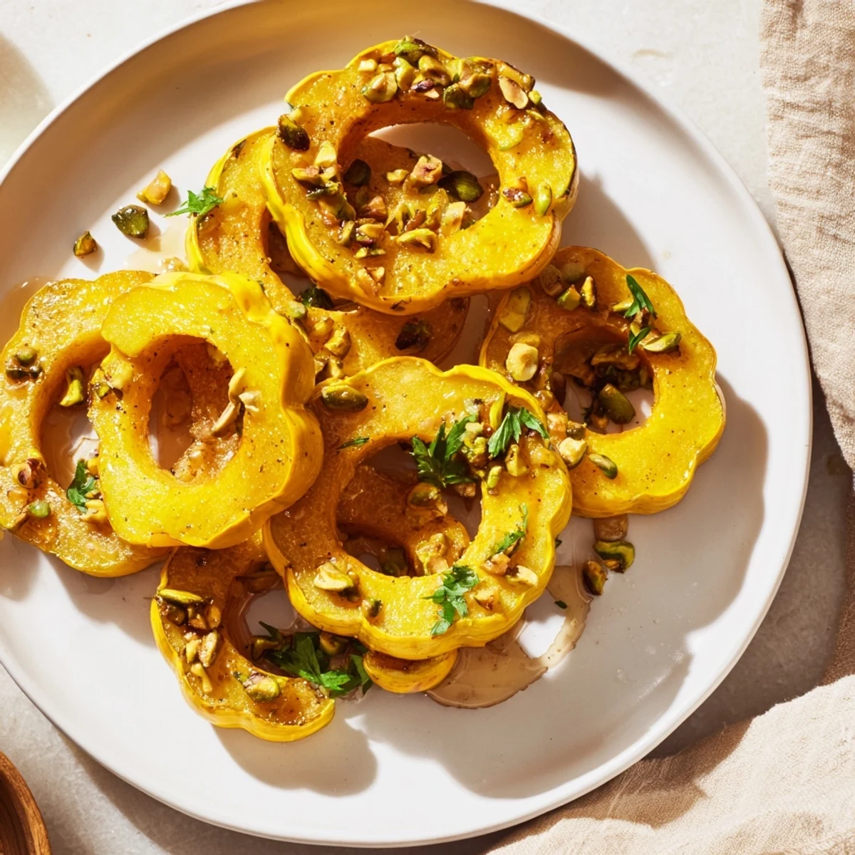 A close-up of beautifully roasted Baked Delicata Squash Rings, showcasing their tender texture and color.