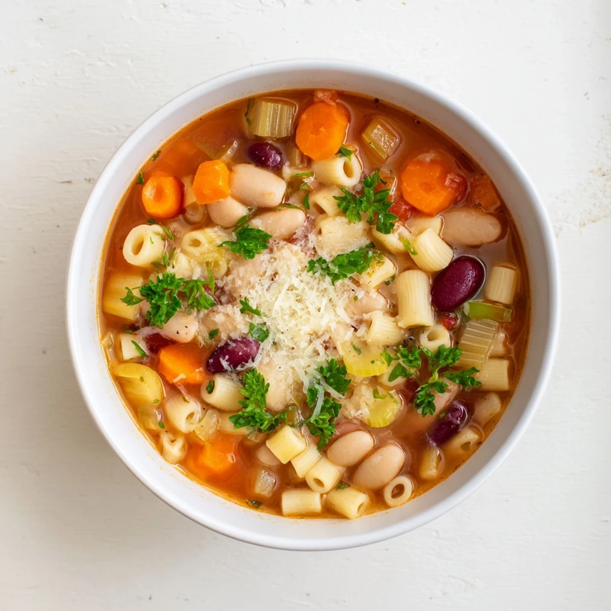 Steaming hot Pasta e Fagioli soup, a hearty bowl with visible pasta and creamy beans.